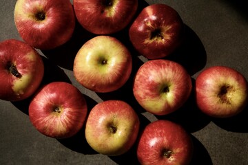 Fresh red apples. Delicious and juicy apples from the garden. Vegan vitamin nutrition concept.