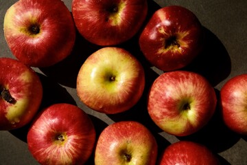 Fresh red apples. Delicious and juicy apples from the garden. Vegan vitamin nutrition concept.