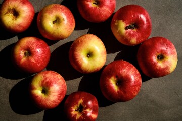 Fresh red apples. Delicious and juicy apples from the garden. Vegan vitamin nutrition concept.