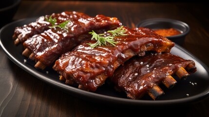 A plate of mouthwatering bbq ribs slathered in smoky sauce - obrazy, fototapety, plakaty