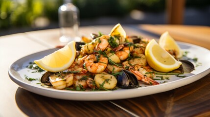 A plate of succulent seafood with lemon wedges and herbs