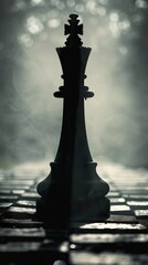 Chess queen shrouded in mist on the board creating an aura of mystery and intrigue. Chess piece as an element of suspense and drama in the game.
