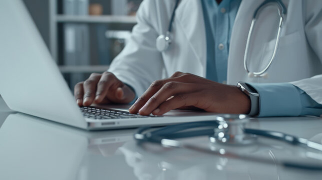 hands of a doctor typing on a laptop keyboard with a stethoscope lying on the desk, suggesting a medical professional entering data or consulting a patient's electronic health records.