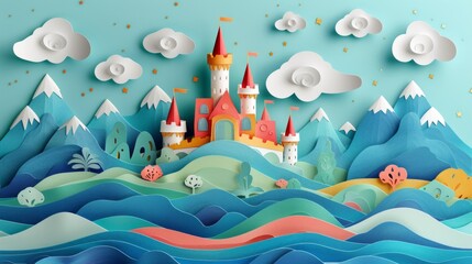Puper cut craft illustration of bright big castle on the mountain