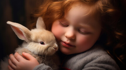 Red haired funny girl hugs fluffy rabbit, fine art style picture on a dark background, Children and pets