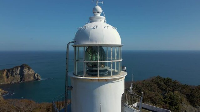 Cinematic aerial shot of lighthouse at Cape Chikyu in Muroran City in Hokkaido, Japan