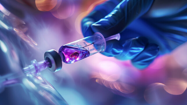 healthcare professional wearing blue gloves is drawing a vaccine into a syringe from a vial.