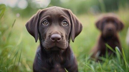 Labrador puppies are flowing through a green meadow. They are looking at the camera