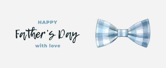 Happy Father’s Day watercolor template in blue tones with plaid men's bow tie and typography. Design for the banners, posters, cards, brochures, web, flyers, and social media. Generative AI.