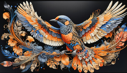 Very colorful and detailed illustration of a decorated bird spreading its wings while flying