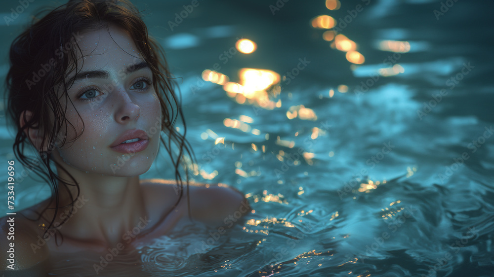 Wall mural Frau mit langen Haaren im Bikini schwimmt im Pool