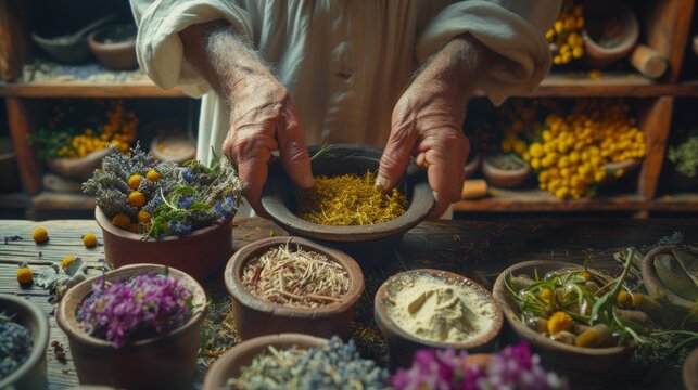 Highlight the tradition of herbal medicine. hands carefully selecting and blending herbs and plants