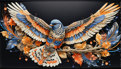 Very colorful and detailed illustration of a decorated bird spreading its wings while flying