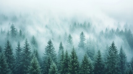The ethereal beauty of a fog-shrouded forest, where ancient trees loom like sentinels in a world of mist and mystery