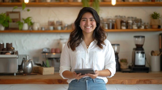 young woman with a friendly smile, holding a tablet and standing in a modern kitchen or coffee shop. - Powered by Adobe