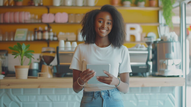 young woman with a friendly smile, holding a tablet and standing in a modern kitchen or coffee shop.