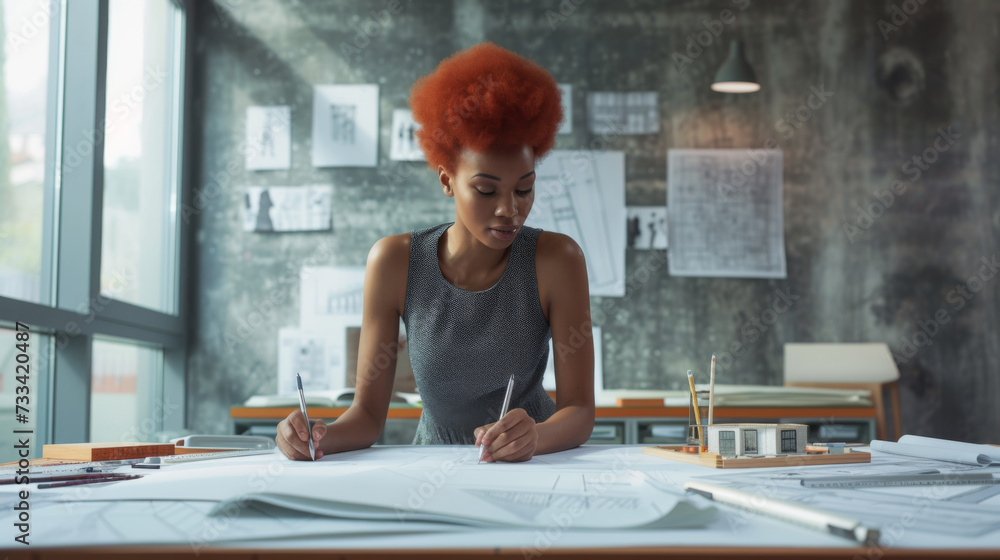 Poster focused woman with short red hair is working on architectural drawings at a drafting table with sket