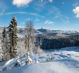 Winter Gorgany massiv mountains scenery view from Yablunytsia pass, Carpathians, Ukraine.