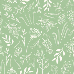 Hand drawn botany seamless repeat pattern. Random placed, vector flowers, leaves, herbs, branches and more plants aop all over surface print on sage green background.