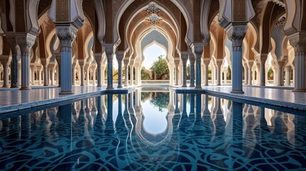 Fototapeta premium A mosque's serene reflection pool with ornate tiles