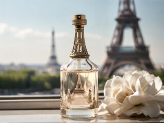 a glass bottle of perfume, in white tones, near the Eiffel Tower