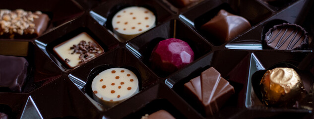 Panorama tray of gourmet chocolates in pretty shapes, and colors 