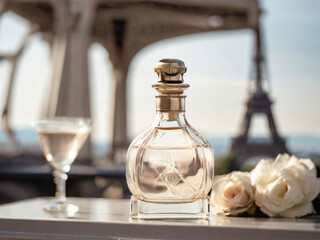 a glass bottle of perfume, in white tones, near the Eiffel Tower