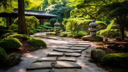 A peaceful meditation garden with a stone pathway