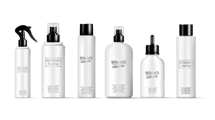 Simple Blank White Plastic Cosmetic Bottles with black logo Set. Vector illustration