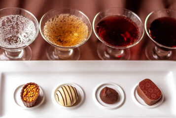 Wine and chocolate tasting, with a variety of drinks paired with gourmet chocolate 