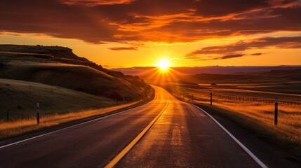 Naklejka premium A road with a breathtaking sunrise on the horizon
