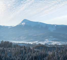 Winter Chornohora massiv mountains scenery view from Yablunytsia pass, Carpathians, Ukraine.