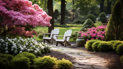 Tuinposter A tranquil garden with blooming flowers for a serene atmosphere © Cloudyew