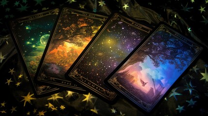 Mystical divination: tarot cards, a powerful tool for spiritual guidance and insight, a glimpse into the mysteries of the past, present, and future through symbolic imagery and ancient wisdom - obrazy, fototapety, plakaty