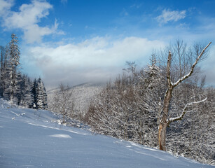 Winter massiv mountains scenery view from Yablunytsia pass, Carpathians, Ukraine.