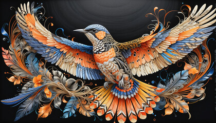 Very colorful and detailed illustration of a decorated bird spreading its wings while flying