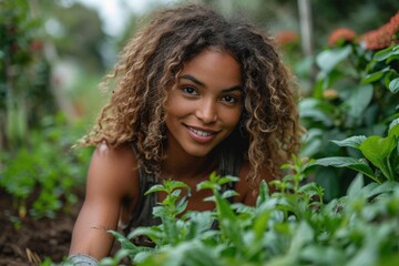 A pretty, cheerful woman with curly hair, gardening happily, radiating carefree optimism amid nature.