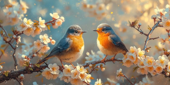 Vibrant robins on a blooming branch in the morning sunlight, a symphony of nature's colors.