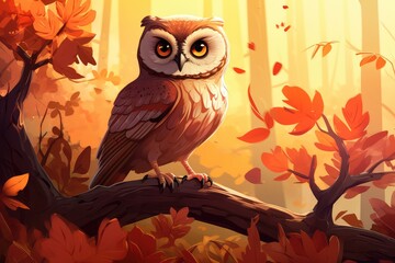 Obraz premium Wooden owl sitting on a stone in the forest at sunset.