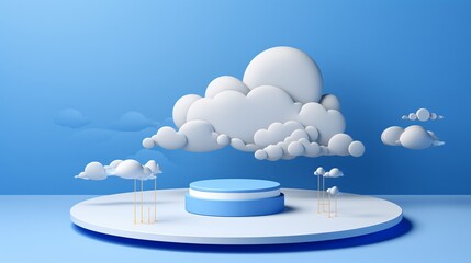 a blue and white platform with clouds and trees