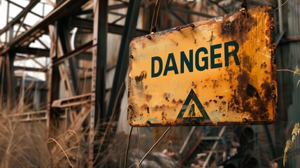 A danger warning sign on an abandoned factory in the middle of the countryside Generative AI Illustration