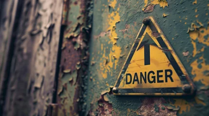 Tuinposter A danger warning sign on the door of an abandoned factory Generative AI Illustration © SVasco