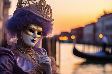 A person in a Venetian mask and carnival costume by water's edge - obrazy, fototapety, plakaty