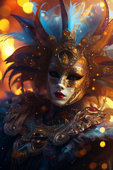 A woman adorned in a Venetian masquerade mask and an opulent carnival costume