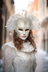 A woman dressed in a white carnival costume and mask at a masquerade event