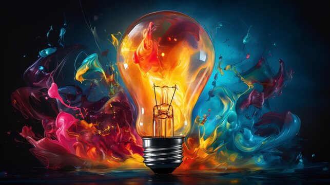 a light bulb with colorful paint splashing around it