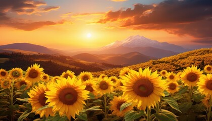 Fototapeta premium Sunflower field at sunset with mountains in the background