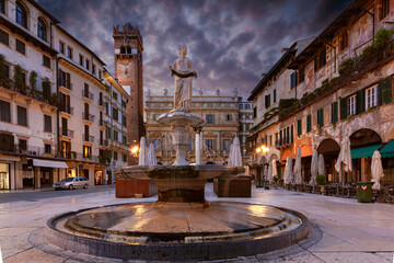 View of Piazza delle Erbe at sunrise. Verona, Italy