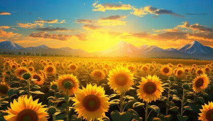 Fototapeta premium Sunflower field at sunset with mountains in the background