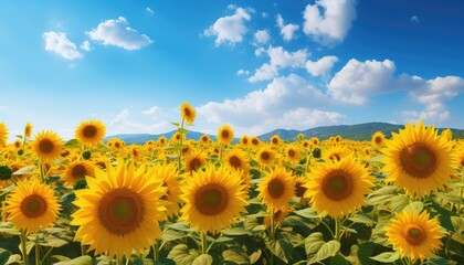 Fototapeta premium Sunflower field at sunset with mountains in the background